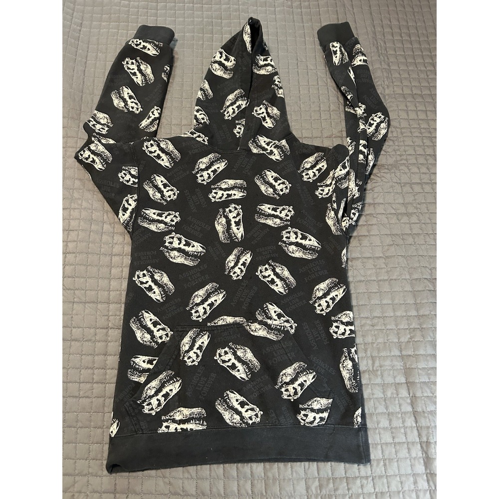 Assholes's Live Forever Hoodie Pullover Men Size Small Black Dinosaur AOP